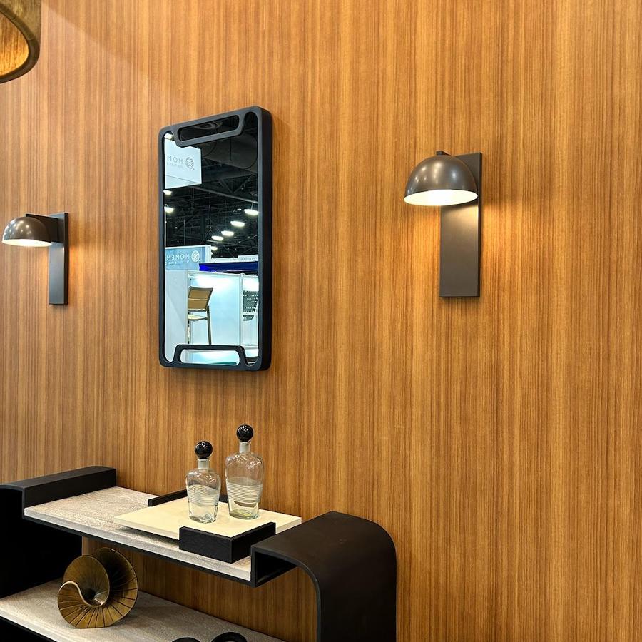 The Norwegian Wood wallcovering seamlessly combines the durability of Type II vinyl with the elegance of natural wood veneer, making it an ideal complement for any environment. Shown here in the Arteriors booth at HD Expo in Las Vegas.