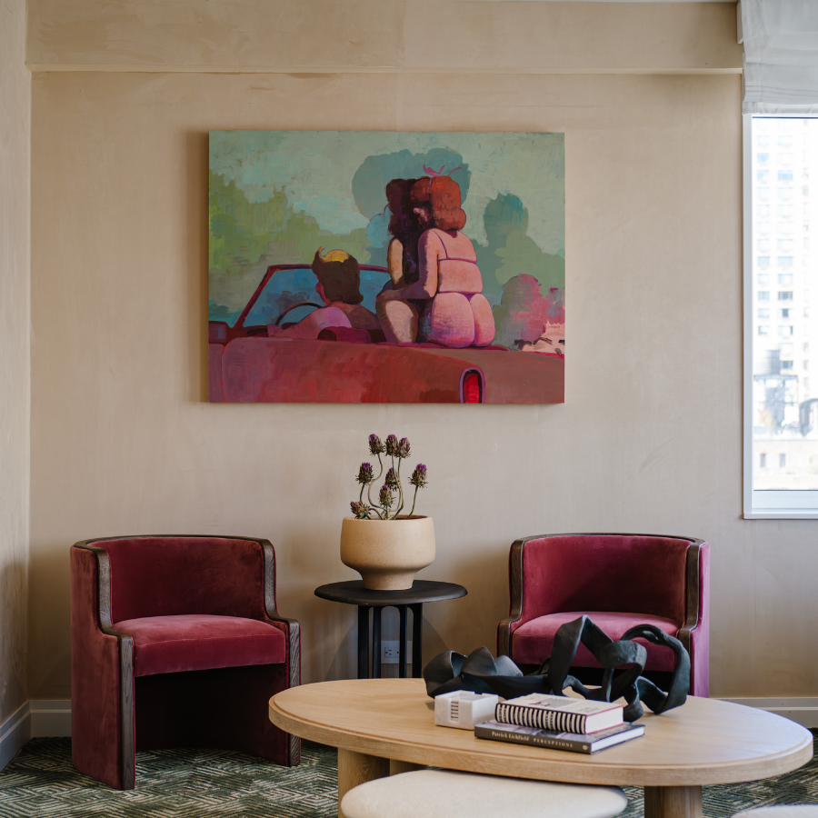 Classic Suede provides the perfect textured background for the artwork and details of this cozy, beautifully designed nook.