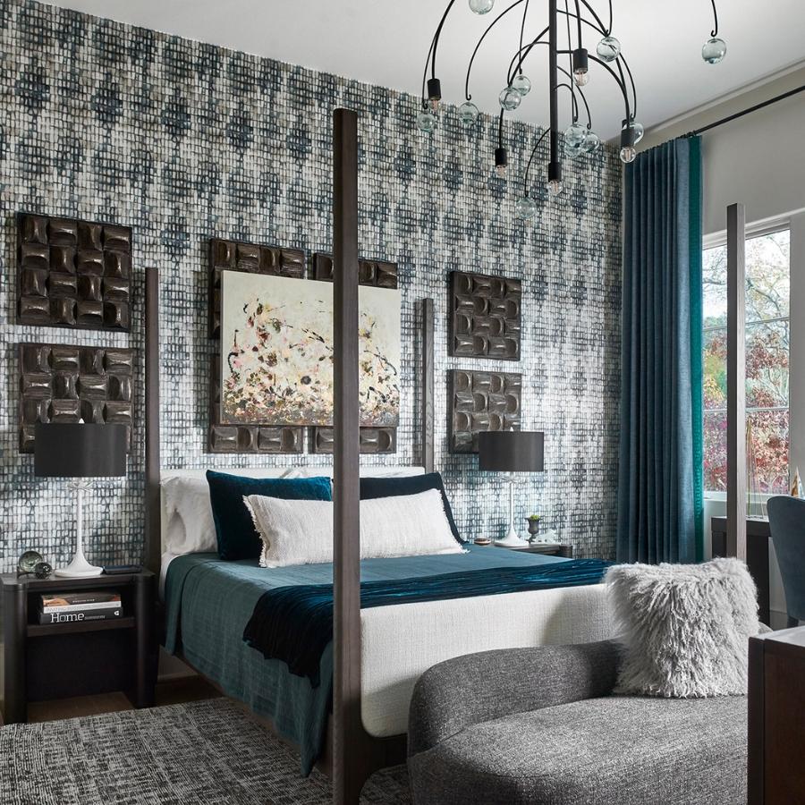 Designer Kerry Howard, on the space he designed for the Atlanta Holiday Showhouse:   "A transitional-style suite that leans modern, the guest bedroom and bath are a blend of tailored pieces and creative accents, like the bedroom’s striking mosaic-patterned wallcovering that inspired the room’s design scheme."