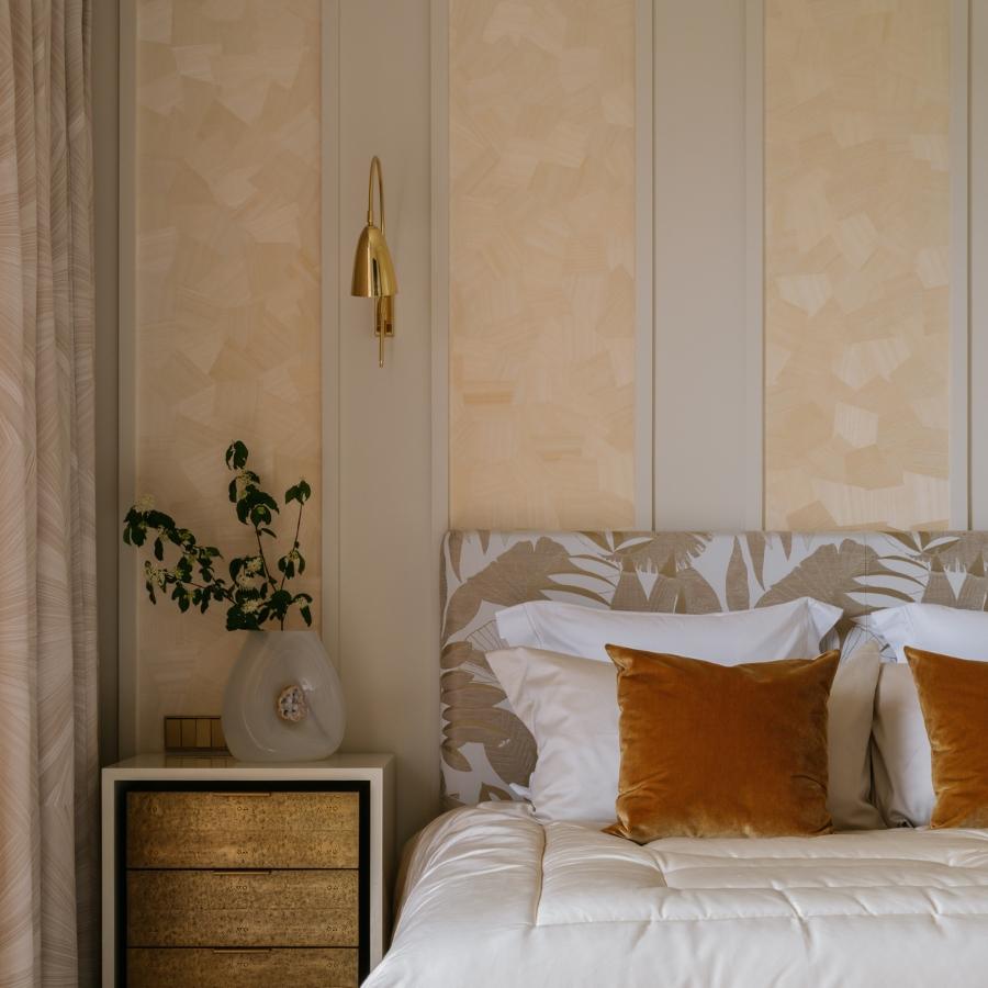 Geometric wood veneers, hand-cut and artfully assembled, form the unique patterns of Origami, seen here in this gorgeous bedroom.
