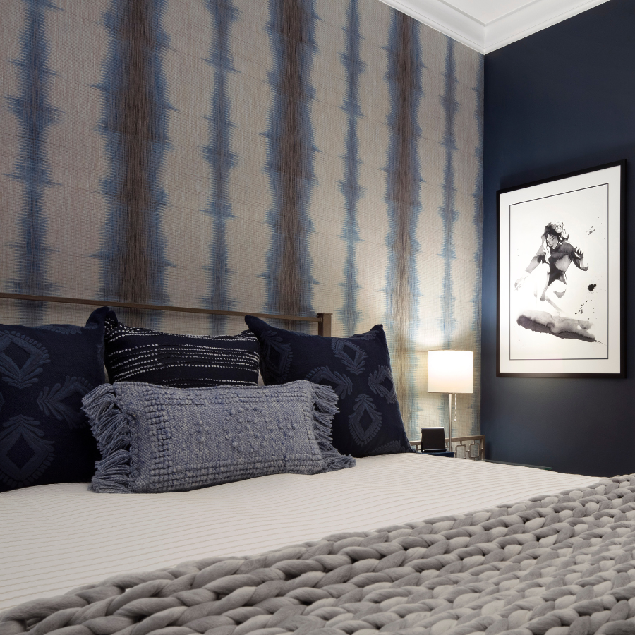 Designed in Chicago's Historic Michigan Boulevard District, Brock Lane Mettz Design selected Frequency in the serene 'Stairway to Heaven' colorway. Its deep blue tones bring a bold yet calming sophistication to this elegant space.