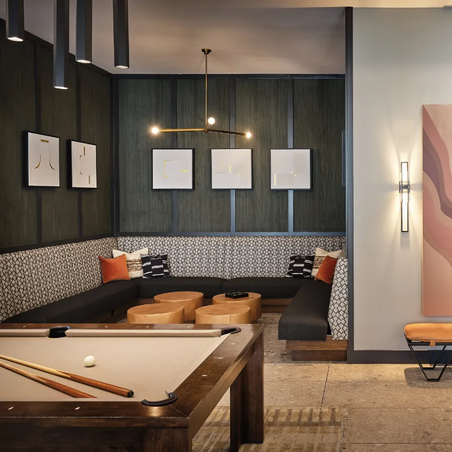 Designed by Mary Cook Associates, this inviting lounge pairs comfortable gathering spaces with the rich texture of Pleated Suede. Sweeping vertical pleats create a sculptural rhythm across the wall, while the soft suede surface brings warmth and quiet sophistication to the intimate seating area.⁠ ⁠