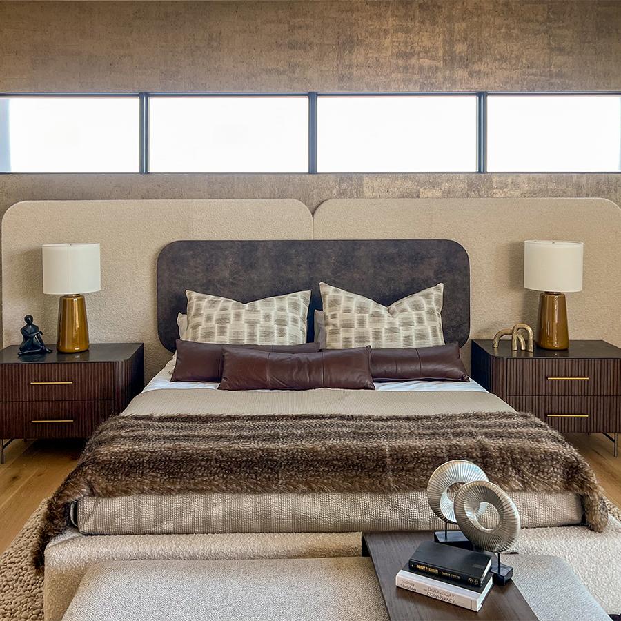 Naturally glamorous, this cork wallcovering seamlessly blends the look and feel of cork with a lustrous finish, adding luxury to this bedroom.