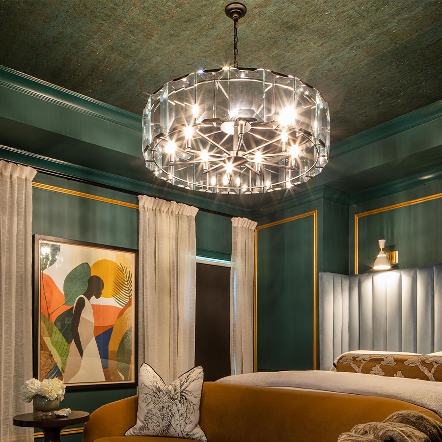 Using Gilded Cork on the ceiling is a creative way to add interest and elevate any space, as shown by Forbes Masters in this bedroom. The lustrous finish of the cork adds a touch of glamour, enhancing the space's ambiance.